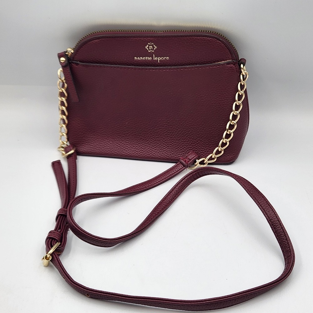 Nanette Lepore Crossbody Bag Burgundy‎ Pebbled Faux Leather Chain Strap